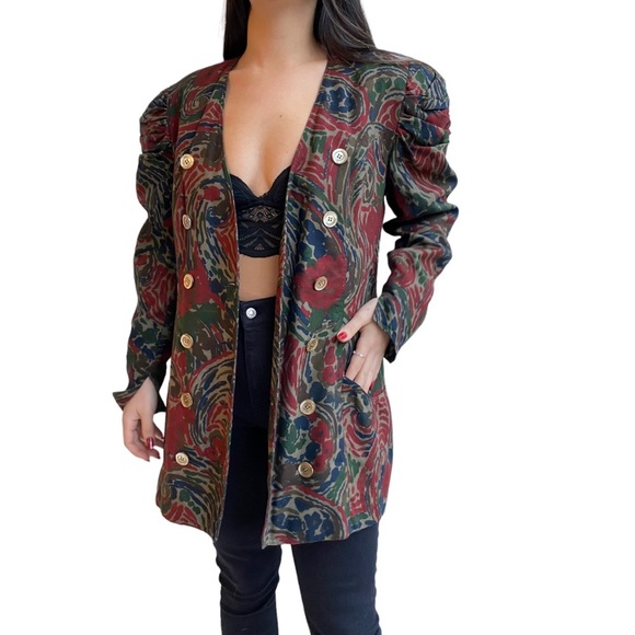 Vintage Long Line Blazer Puff Sleeve Floral By Gina Danova Size 10 - Picture 3 of 14